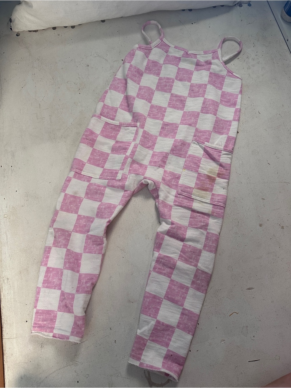 Girls Pink & White Check Pocket Romper - Sleeveless Kids Jumpsuit